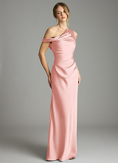 Azazie Emerson Robes de demoiselle d'honneur Robe Sirène en Satin extensible Épaule décolletée Rose Poudré image5