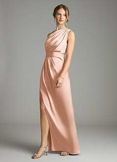 Azazie Emorie Bridesmaid Dresses Rose Gold Sheath One Shoulder Stretch Satin Dress image3