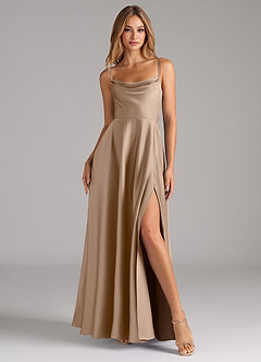 Azazie Elle Bridesmaid Dresses Taupe A-Line Pleated Stretch Satin Dress image4