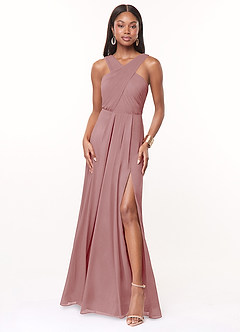 Azazie Brandie Robes de demoiselle d'honneur Robe Trapèze en Mousseline extensible Plissée Rose Poussiéreuse image1