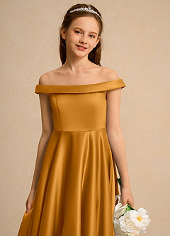 Azazie Teeny Junior Formal vestidos de niña de las flores Vestido de Caramelo de Satin Mate de Corte En A con Plisado image7