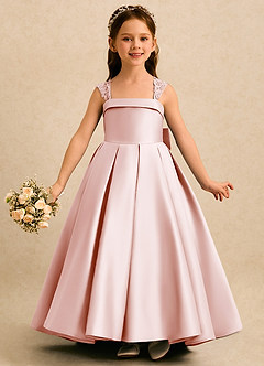 Azazie Genie Flower Girl Dresses Blushing Pink Ball-Gown Off the Shoulder Matte Satin Dress image3