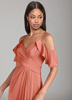 Azazie Dakota Bridesmaid Dresses Salmon Pink A-Line Off the Shoulder Stretch Satin Dress image5