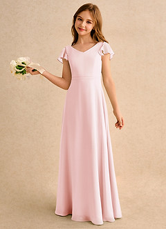 Azazie Nari Junior Formal Flower Girl Dresses Blushing Pink A-Line with Sleeves Chiffon Dress image1
