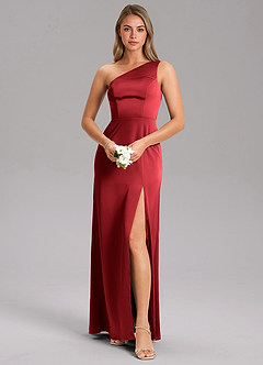 Azazie Phaedra Bridesmaid Dresses Scarlet A-Line One Shoulder Stretch Satin Dress image7