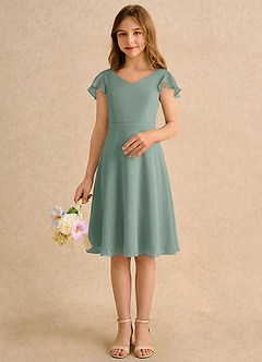 Azazie Narin Girls Formal Flower Girl Dresses Silver Sage A-Line with Sleeves Chiffon Dress image3