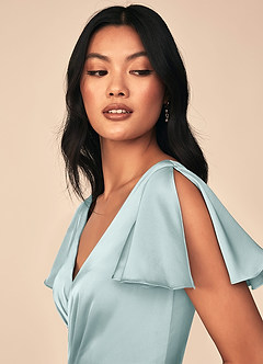 Azazie Soren Bridesmaid Dresses Mist A-Line Pleated Stretch Satin Dress image9