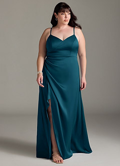 Azazie Marchella Robes de demoiselle d'honneur Robe Trapèze en Satin extensible Corset Bleu Encre image7