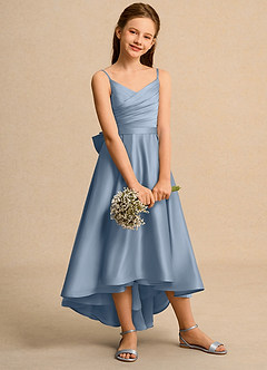 Azazie Sweets Girl Jurken voor bloemenmeisjes A-Lijn Jurk van Mat Satijn Geplooid Stoffig Blauw image5