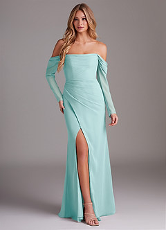 Azazie Hallie Bridesmaid Dresses Aqua Mermaid Long Sleeve Chiffon Dress image1