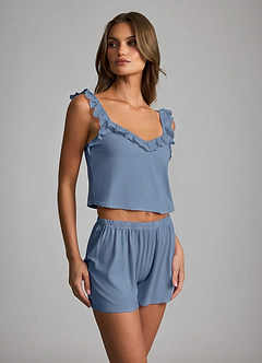 front Pehmeä rayon-reikäkuvioinen röyhelöinen cami- ja shortsipyjama-setti