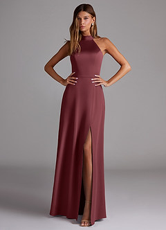 Azazie Myra Bridesmaid Dresses Merlot A-Line Side Slit Stretch Satin Dress image3