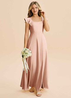 Azazie Bondi Junior Vestido de Oro Rosa de Satén Elástico de Corte en A con Corte Lateral image4