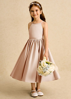 Azazie Indi Blumenmädchenkleider A-Linie Schleifen Matte Satin Kleid Englisches Rosa image4