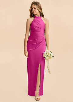 Azazie Jemma Junior Robe Fourreau en Satin extensible Rayé Fuchsia image3