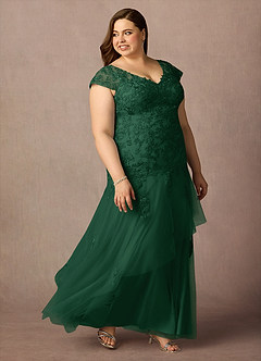 Azazie Romy vestidos de madre de la novia Vestido de Verde Oscuro de Tul de Sirena con Cuello en V Lentejuelas image10