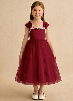 Azazie Yosemite Flower Girl Dresses Burgundy Ball-Gown Sweetheart Neckline Tulle Dress image3