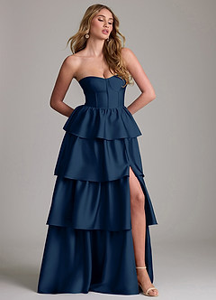 Azazie Faye Bridesmaid Dresses Dark Navy A-Line Ruched Stretch Satin Dress image4
