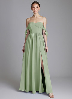 Azazie Ayanna At-home Try On Dresses Dusty Sage A-Line Off the Shoulder Chiffon Dress image1
