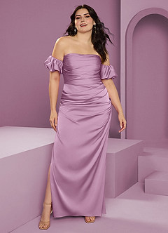 Barbie ♥ Azazie Robes de demoiselle d'honneur Robe Fourreau Convertible en Satin extensible Épaule décolletée Glycine image10