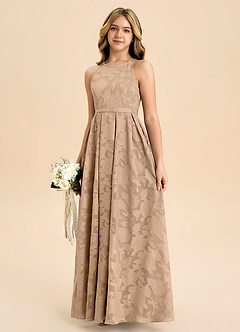 Azazie Arianthe Junior Abito A-Line in Floral Burnout Plissettato Champagne image6