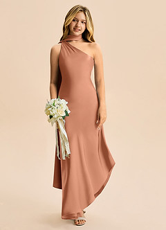 Azazie Briony Junior Etui Plissee Stretch-Satin Kleid Bronzer image1