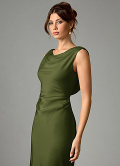 Azazie Kieryn Bridesmaid Dresses Olive Mermaid Pleated Stretch Satin Dress image4