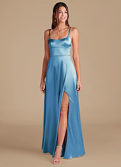 Azazie Halsey Bridesmaid Dresses Steel Blue A-Line Side Slit Metallic Satin Dress image3