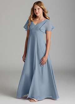 Azazie Kimber Junior Abito A-Line in Chiffon Plissettato Blu Polveroso image5