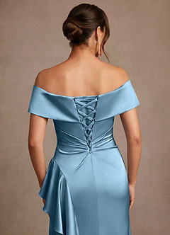 Azazie Kirsty Mother of the Bride Dresses Steel Blue Sheath Off the Shoulder Stretch Satin Dress image7