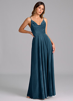 Azazie Sarella Bridesmaid Dresses Blue Topaz A-Line Pleated Velvet Dress image4