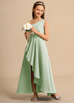 Azazie Taffy Junior Formal vestidos de niña de las flores Vestido de Salvia Polvorienta de Satin Mate de Corte En A con Encaje image4