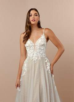 Azazie Arabelle Wedding Dresses Diamond White Nude A-Line V-Neck Lace Tulle Dress image5