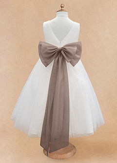 Azazie Kavi Blumenmädchenkleider A-Linie Schleifen Matte Satin Kleid Elfenbein Taupe image8