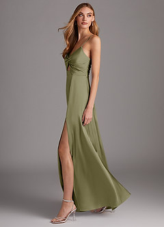 Azazie Jenna Robes de demoiselle d'honneur Robe Trapèze en Satin extensible Plissée Pistache image3