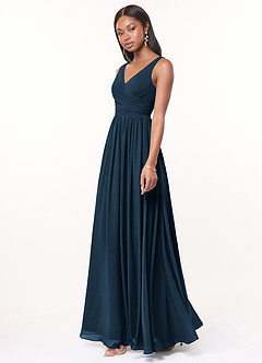 Azazie Keyla Bridesmaid Dresses Dark Navy A-Line V-Neck Pleated Chiffon Dress image3