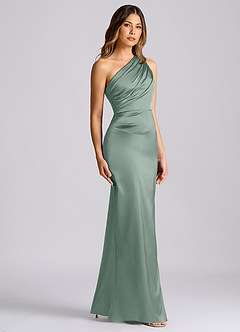 Azazie Akilah Bridesmaid Dresses Silver Sage Mermaid One Shoulder Stretch Satin Dress image3