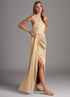 Azazie Mika Bridesmaid Dresses Champagne Sheath One Shoulder Stretch Satin Dress image4