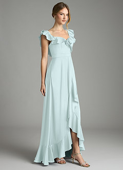 Azazie Lyra Bridesmaid Dresses Sea Glass A-Line Off the Shoulder Stretch Satin Convertible Dress image5