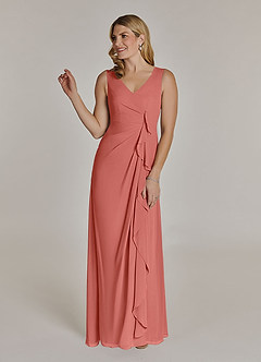 Azazie Manuella Mère de la mariée Robes Robe Trapèze en Mousseline de soie Col V plissé Rose Saumon image4