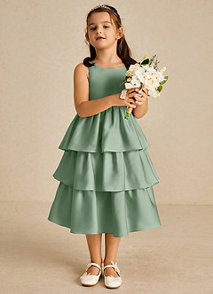 Azazie Margery Flower Girl Dresses Matcha A-Line Bow Stretch Satin Dress image2