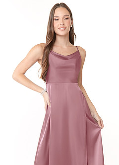 Azazie Naomie Final Sale Vintage Mauve A-Line Cowl Neckline Side Slit Stretch Satin Dress image5