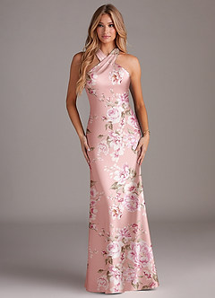 Azazie Doretta Jurken voor bruidsmeisjes Jurk van Stretch Satijn met Zeemeermin Geplooid Roze Bloemenbloei image2