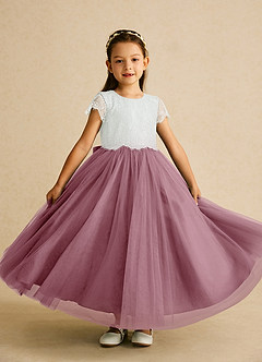 Azazie Bumblebee Flower Girl Dresses Ivory Vintage Mauve A-Line Lace Tulle Dress image1