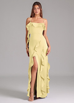 Azazie Malia Bridesmaid Dresses Lemon Sorbet A-Line Side Slit Stretch Satin Dress image3