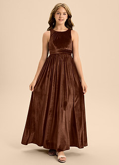 Azazie Jaylah Junior A-Linie Plissee Samt Kleid Umber image1