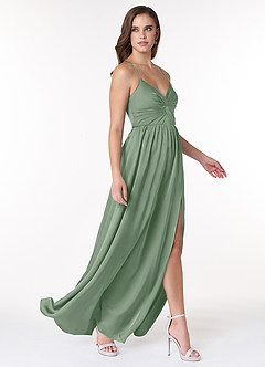 Azazie Raya At-home Try On Dresses Matcha A-Line V-Neck Pleated Stretch Satin Dress image4
