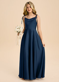 Azazie Popsy Junior Dark Navy A-Line Bow Stretch Satin Dress image5