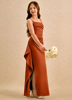 Azazie Cannoli Girls Formal Flower Girl Dresses Burnt Orange A-Line Pleated Stretch Satin Dress image5