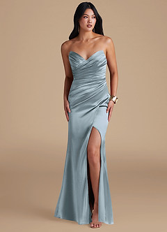 Azazie Yola Bridesmaid Dresses Dusty Blue Sheath Pleated Metallic Satin Dress image6